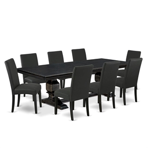 Pemberly Row 9-Piece Dining Table Set Wood Black Finish with Removable Leaf