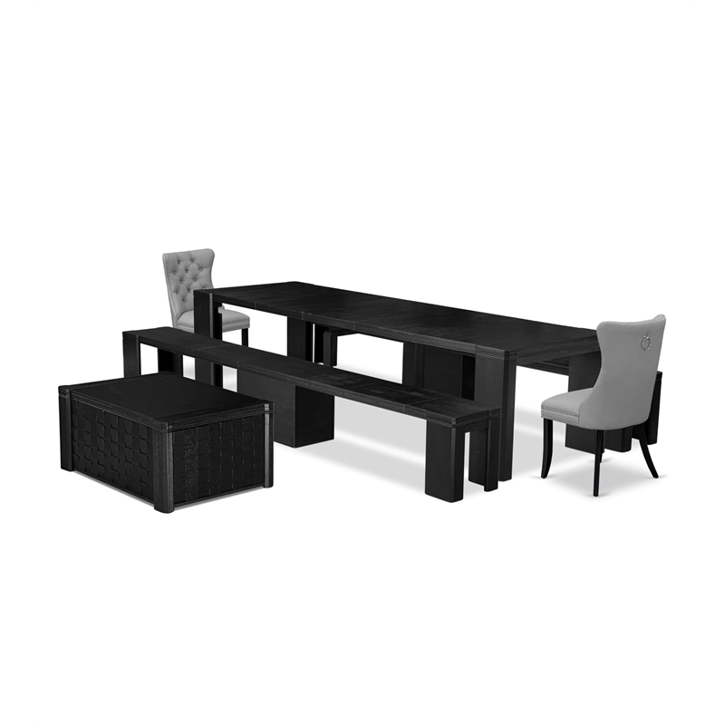 Pemberly Row 6-Piece Acacia Wood Dining Set with Benches in Black