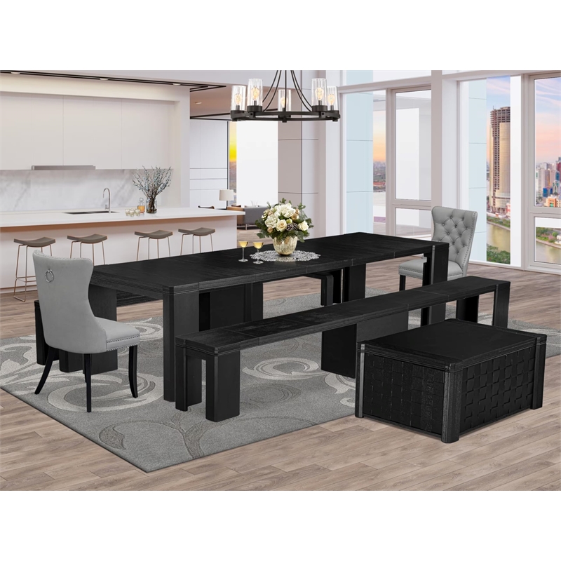 Pemberly Row 6-Piece Acacia Wood Dining Set with Benches in Black