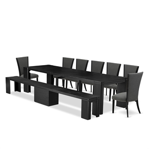 Pemberly Row 9-Piece Black Extendable Dining Set with Acacia Wood