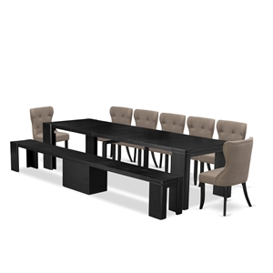 Pemberly Row 9-Piece Black Dining Set with Bench and Linen Chairs