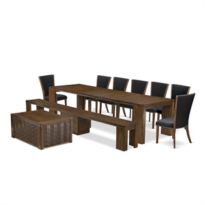 Pemberly Row 10-Piece Extendable Dining Set in Walnut with Black Linen
