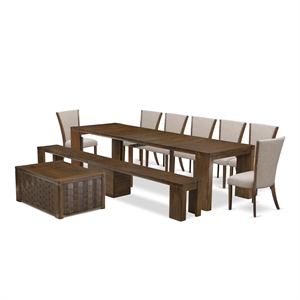 Pemberly Row 10-Piece Extendable Dining Set in Antique Walnut & Tan Linen