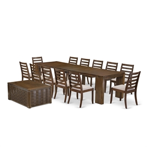 Pemberly Row 14-Piece Extendable Dining Set in Antique Walnut & Tan Linen