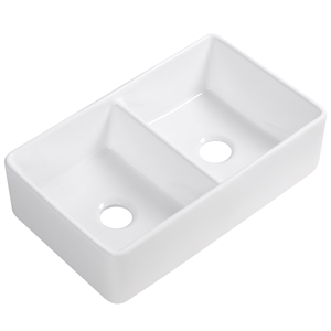 Pemberly Row 32 in Double Bowl Ceramic Farmhouse Kitchen Sink in White