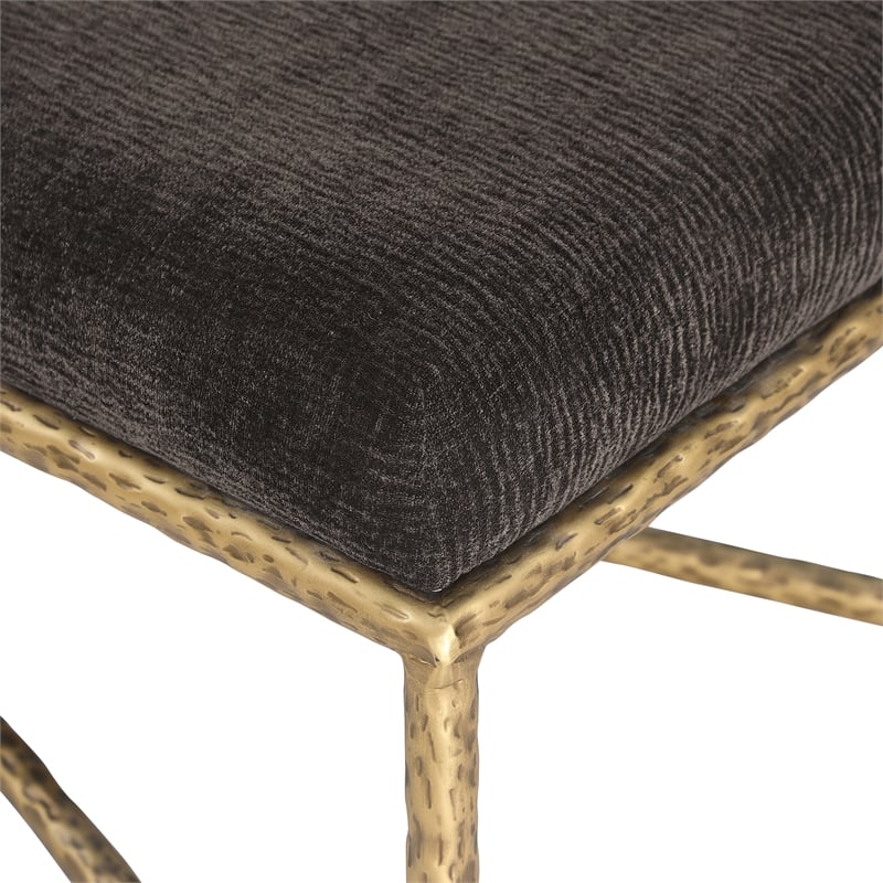 Pemberly Row Upholstered Bench with Brown Chenille Fabric and Brass Finish