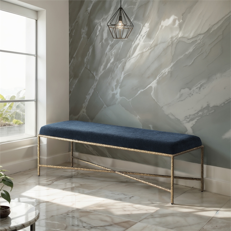 Pemberly Row Upholstered Bench with Navy Chenille Fabric and Brass Finish