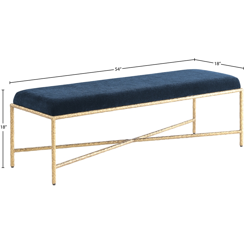 Pemberly Row Upholstered Bench with Navy Chenille Fabric and Brass Finish