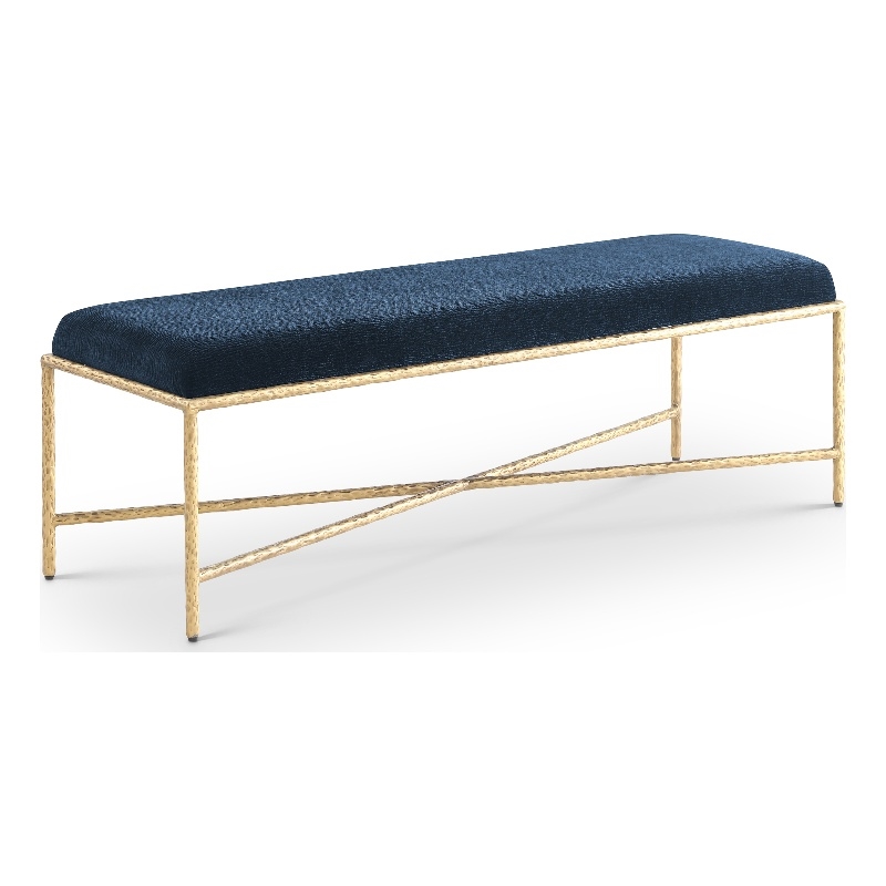 Pemberly Row Upholstered Bench with Navy Chenille Fabric and Brass Finish