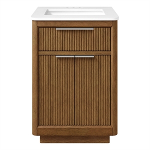 Pemberly Row 24&quot Warm Walnut Vanity in Brushed Nickel with White Quartz Top