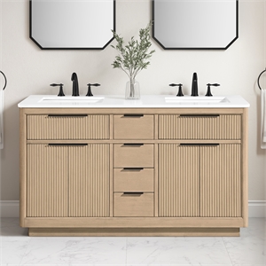 Pemberly Row 60&quot Sahara Birch Bathroom Vanity with White Engineered Stone
