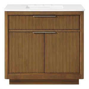 Pemberly Row 36&quot Warm Walnut Bathroom Vanity with White Engineered Stone