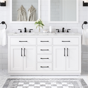 Pemberly Row 60&quot White Bathroom Vanity with White Top and Black Hardware