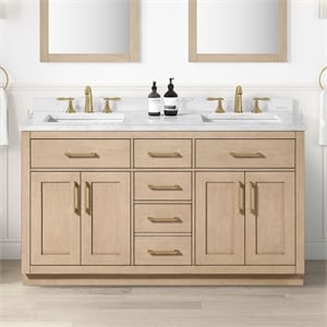Pemberly Row 60&quot Sahara Birch Vanity with White Top and Gold Hardware