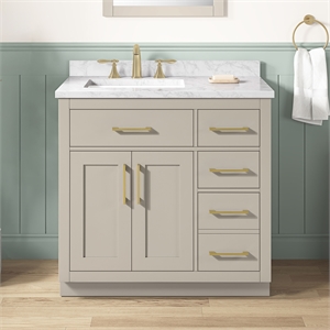 Pemberly Row 36&quot Greige Bathroom Vanity with White Top and Gold Hardware