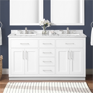 Pemberly Row 60&quot White Bathroom Vanity with White Top and Nickel Hardware