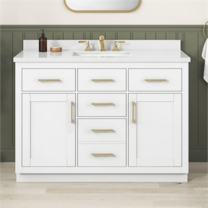 pemberly row 48&quot white vanity with white top and brushed gold hardware