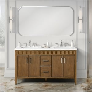 Pemberly Row 60&quot Warm Walnut Bathroom Vanity with White Quartz Top