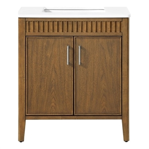 Pemberly Row 30&quot Warm Walnut Bathroom Vanity with White Quartz Top
