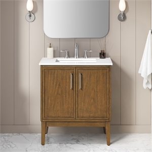 Pemberly Row 30&quot Warm Walnut Bathroom Vanity with White Engineered Stone
