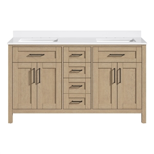 Pemberly Row 60&quot Bathroom Vanity in Sahara Birch with White Countertop