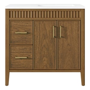Pemberly Row 36&quot Warm Walnut Bathroom Vanity with White Quartz Top