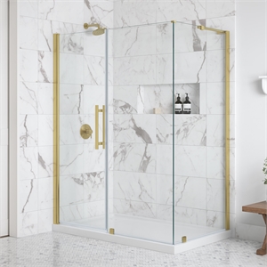 Pemberly Row 60&quotx36&quot Corner Pivot Shower Door Kit in Brushed Gold