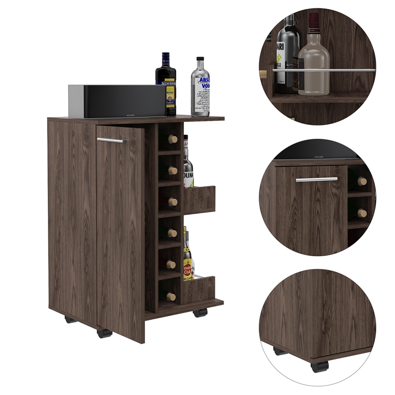 Pemberly Row Mobile Bar Cart with Wine Storage and Casters in Brown