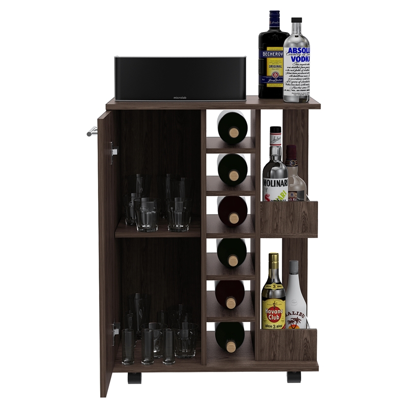 Pemberly Row Mobile Bar Cart with Wine Storage and Casters in Brown