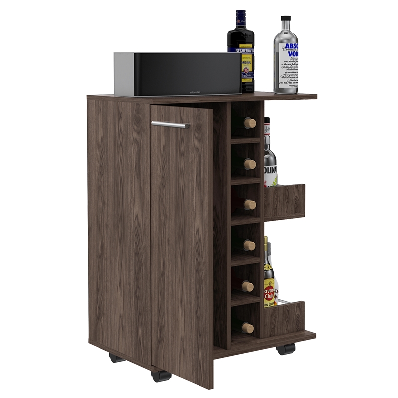 Pemberly Row Mobile Bar Cart with Wine Storage and Casters in Brown