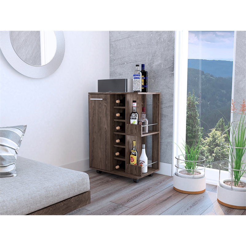 Pemberly Row Mobile Bar Cart with Wine Storage and Casters in Brown