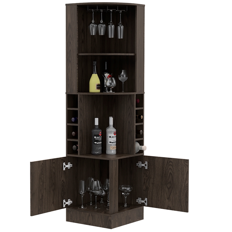 Pemberly Row Corner Bar and Wine Cabinet with Rack in Weathered Oak