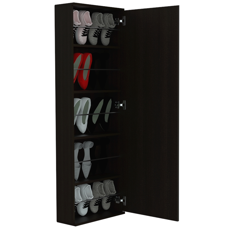 Pemberly Row Wall Mounted Shoe Rack with Mirror in Black Wengue