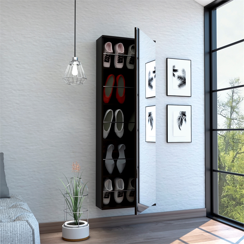 Pemberly Row Wall Mounted Shoe Rack with Mirror in Black Wengue