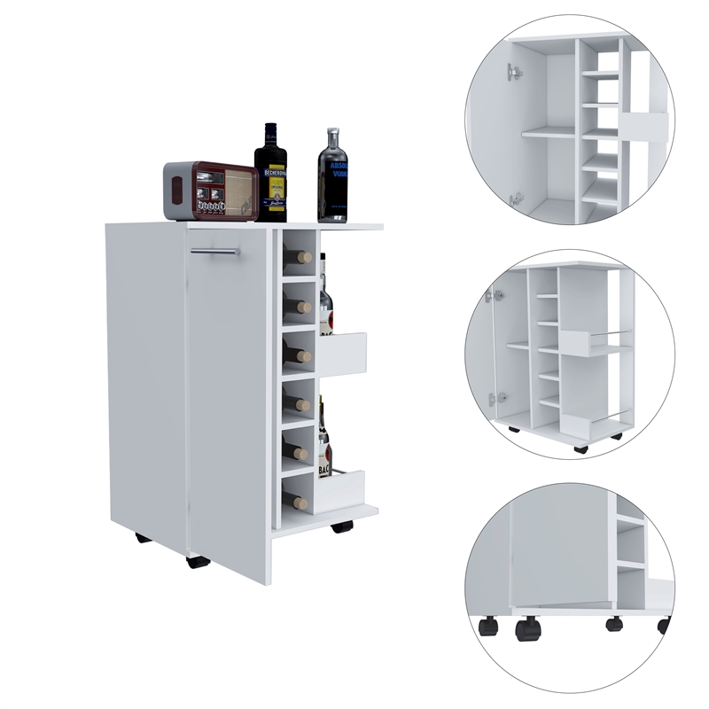 Pemberly Row Mobile Bar Cart with Wine Storage and Casters in White