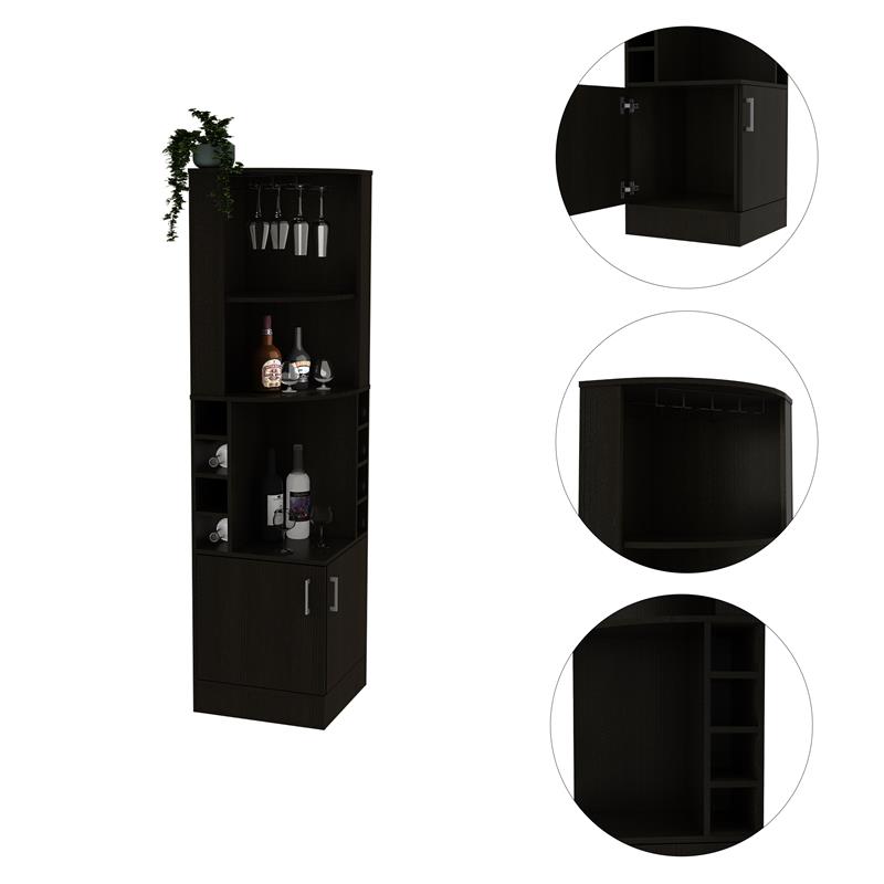 Pemberly Row Corner Bar and Wine Cabinet with Stemware Rack in Black