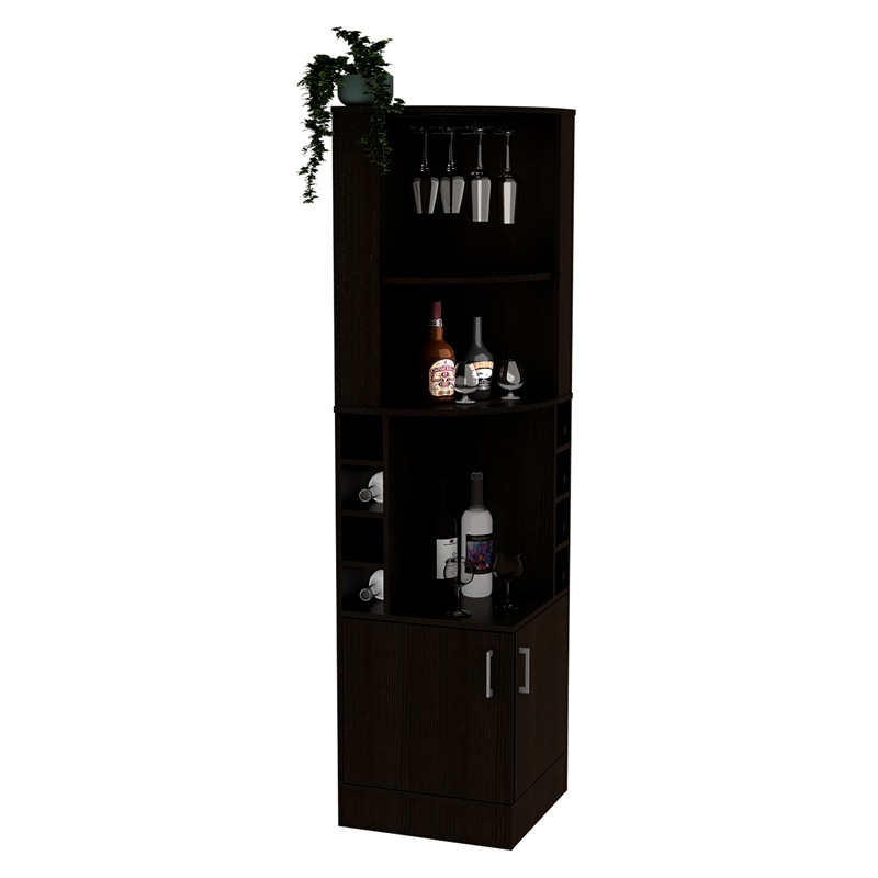 Pemberly Row Corner Bar and Wine Cabinet with Stemware Rack in Black