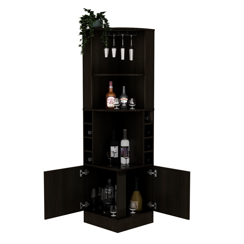 Pemberly Row Corner Bar and Wine Cabinet with Stemware Rack in Black