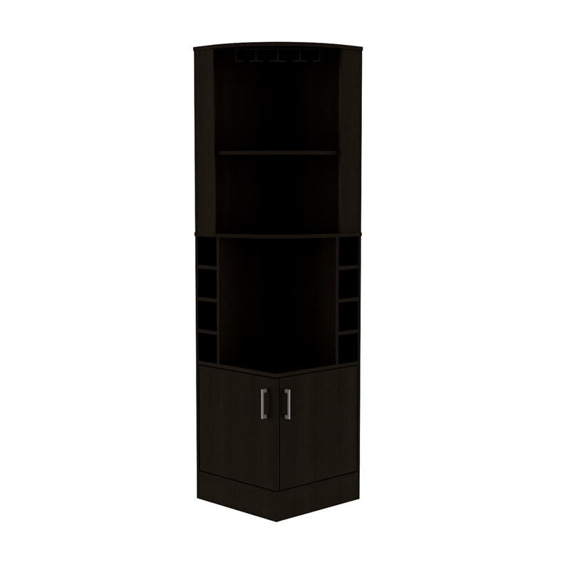 Pemberly Row Corner Bar and Wine Cabinet with Stemware Rack in Black