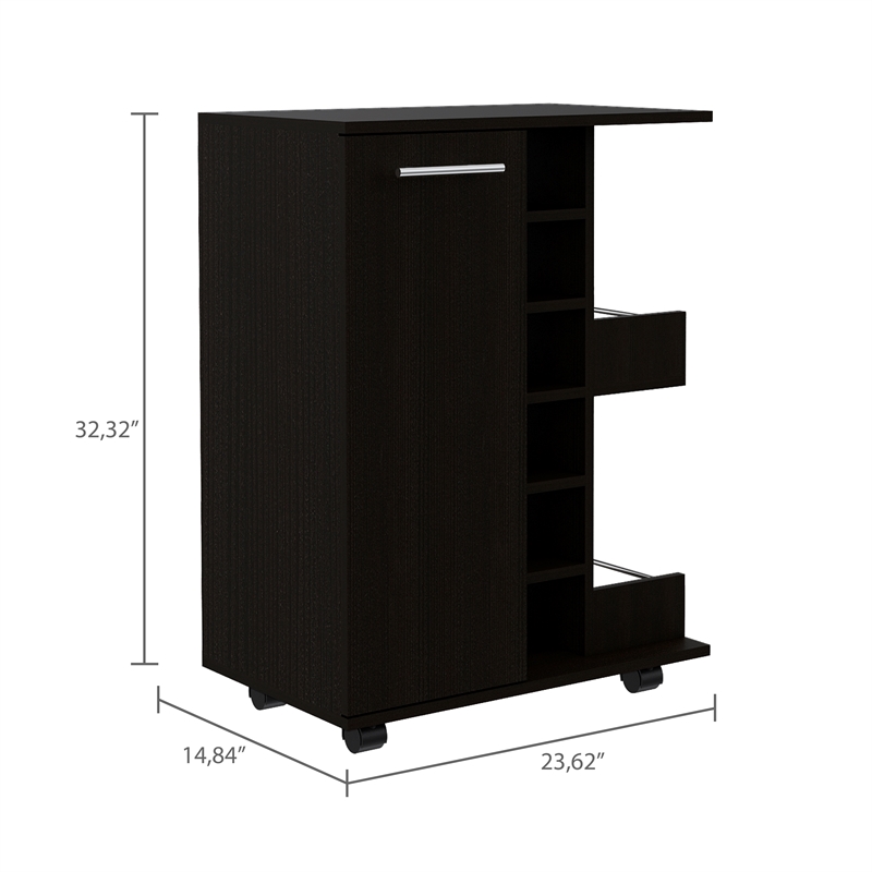 Pemberly Row Mobile Bar Cart with Wine Storage and Casters in Black