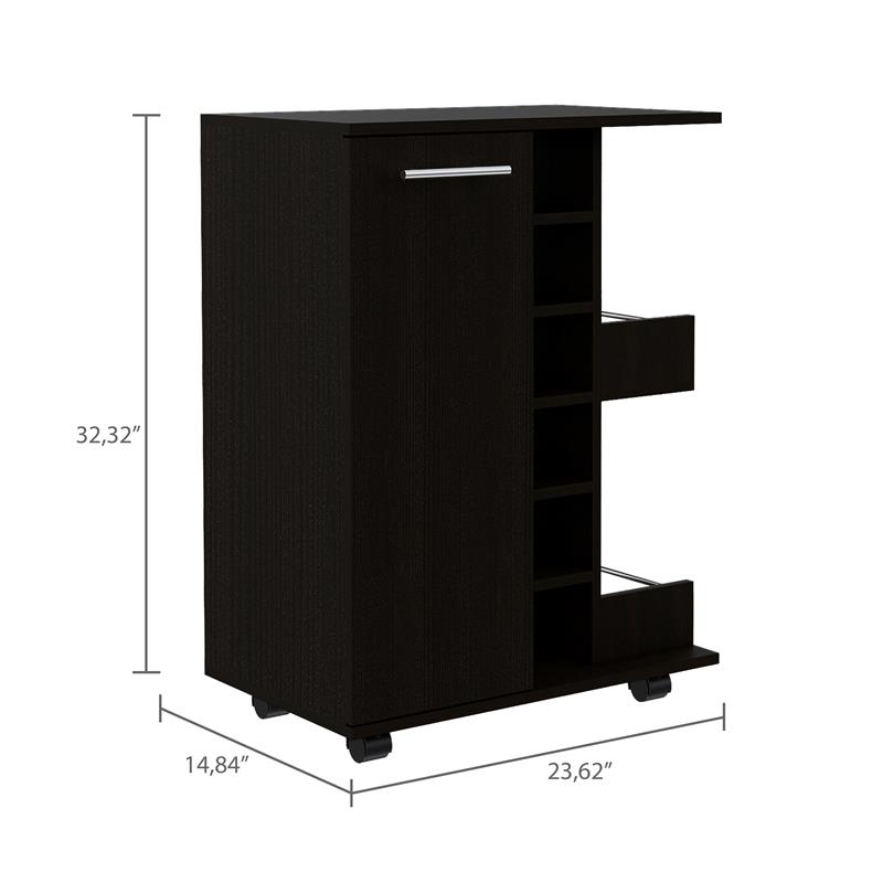 Pemberly Row Mobile Bar Cart with Wine Storage and Casters in Black