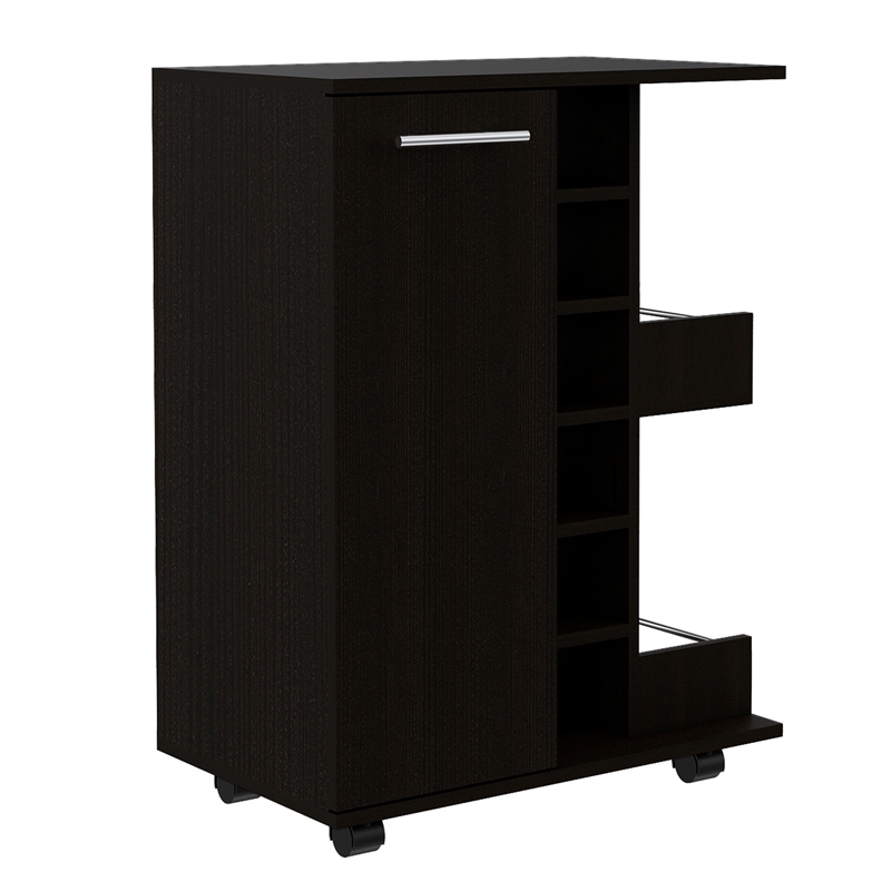 Pemberly Row Mobile Bar Cart with Wine Storage and Casters in Black