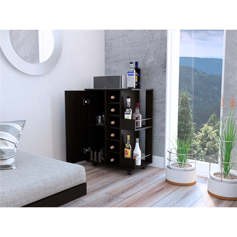 Pemberly Row Mobile Bar Cart with Wine Storage and Casters in Black