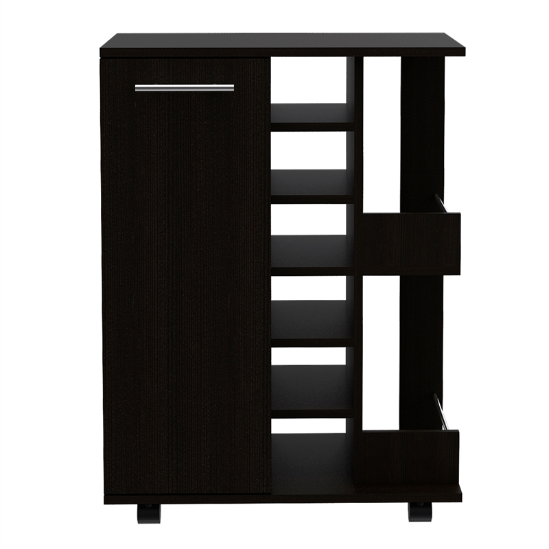 Pemberly Row Mobile Bar Cart with Wine Storage and Casters in Black