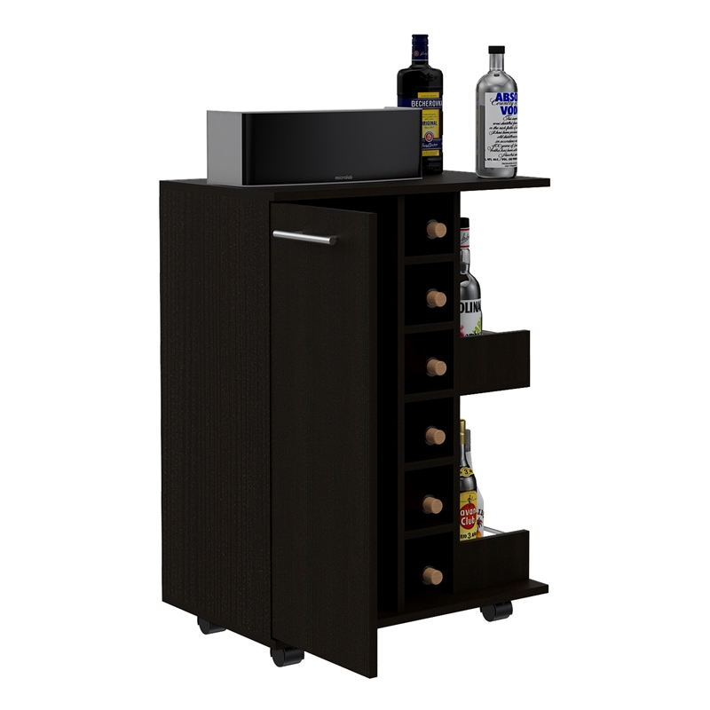 Pemberly Row Mobile Bar Cart with Wine Storage and Casters in Black