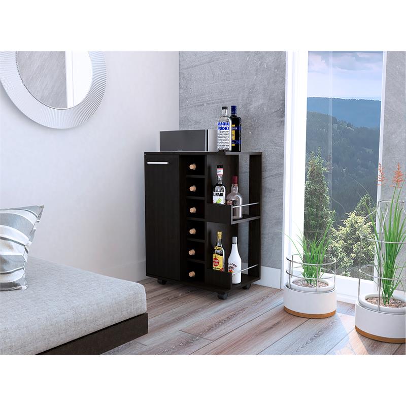 Pemberly Row Mobile Bar Cart with Wine Storage and Casters in Black