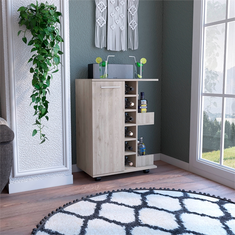 Pemberly Row Mobile Bar Cart with Wine Storage and Casters in Beige