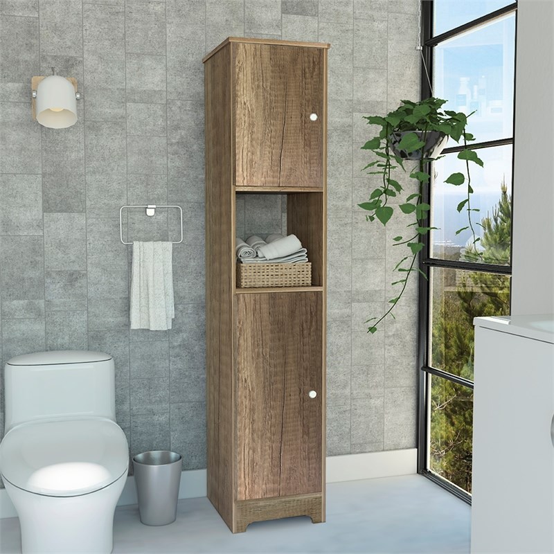Pemberly Row Tall Linen Storage Cabinet with Shelves 67in High in Beige