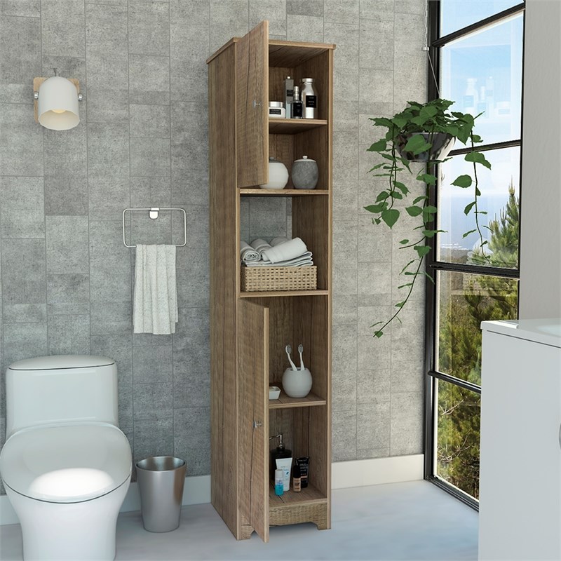 Pemberly Row Tall Linen Storage Cabinet with Shelves 67in High in Beige