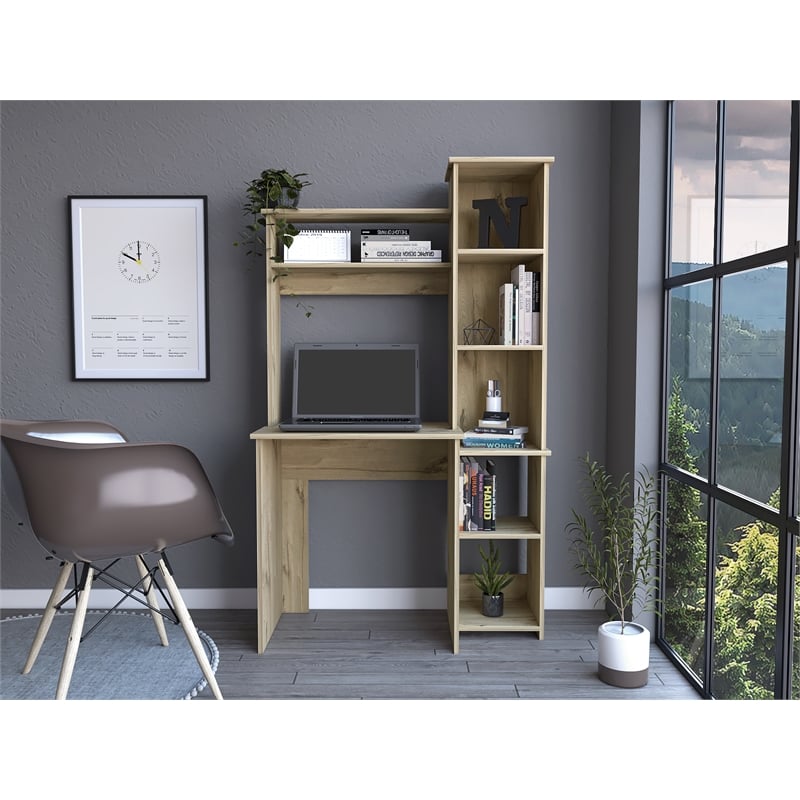 Pemberly Row Desk with Hutch and Keyboard Tray 38.7in Wide in Beige